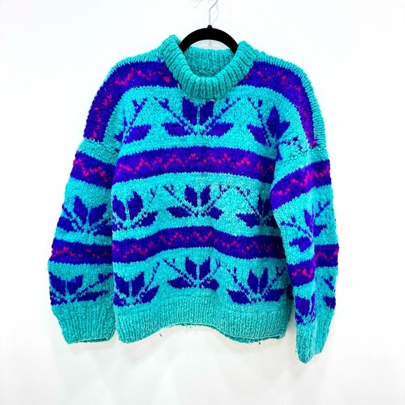 Handmade snowflake fair isle bright retro sweater no size tag check measurements - Picture 1 of 3